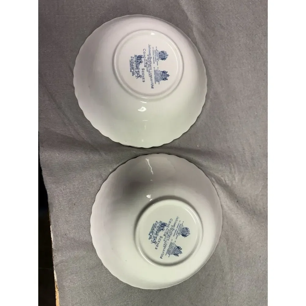 VINTAGE JOHNSON BROS (HANLEY) 8 INCH IRONSTONE SERVING BOWLS (2) COACHING SCENES